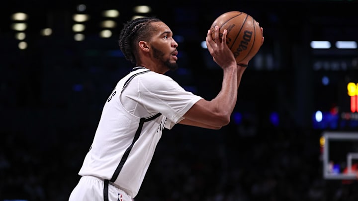 Nov 13, 2024; Brooklyn, New York, USA; Brooklyn Nets forward Ziaire Williams (1) shoots the ball against the Boston Celtics during the second half at Barclays Center. Mandatory Credit: Vincent Carchietta-Imagn Images