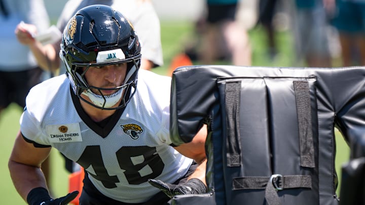 Jacksonville Jaguars linebacker Chad Muma (48) makes a run at the sled during the fourth organized team activity at the Miller Electric Center in Jacksonville, Fla. Tuesday, May 27, 2025. [Doug Engle/Florida Times-Union]