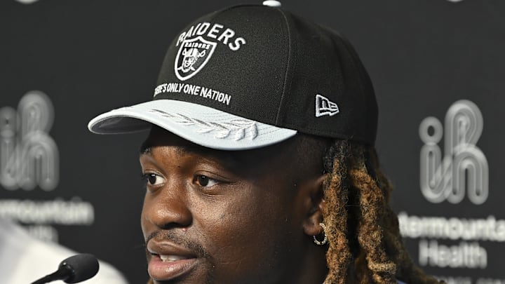 Apr 25, 2025; Henderson, NV, USA; Las Vegas Raiders first round draft pick in the 2025 NFL Draft Ashton Jeanty, speaks to the media at Intermountain Health Performance Center. Mandatory Credit: Candice Ward-Imagn Images