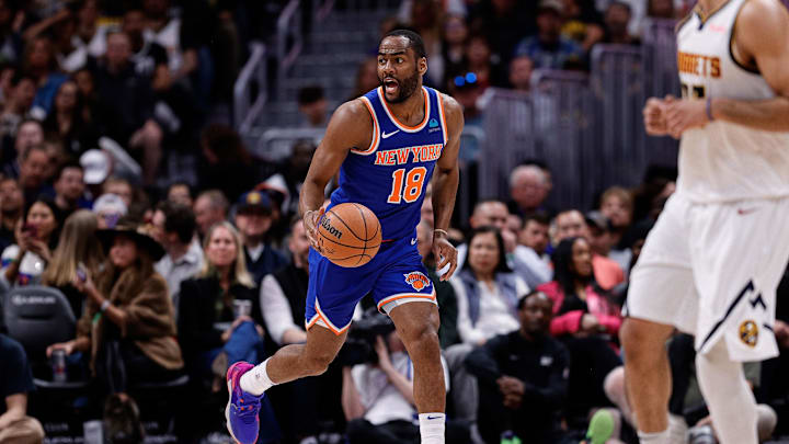 Mar 21, 2024; Denver, Colorado, USA; New York Knicks guard Alec Burks (18) dribbles the ball up Mar 21, 2024; Denver, Colorado, USA; New York Knicks guard Alec Burks (18) dribbles the ball up