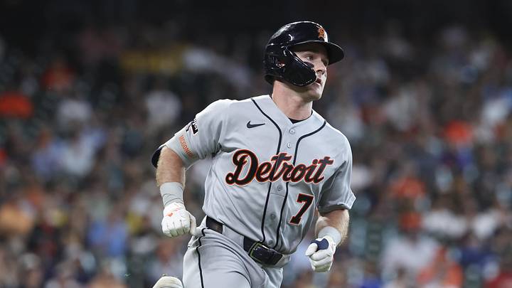 Detroit Tigers third baseman Kevin McGonigle runs to first base on a single. Detroit Tigers third baseman Kevin McGonigle runs to first base on a single.
