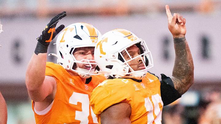 Tennessee wide receiver Ben Petermann (35) and running back DeSean Bishop (18) celebrate after Bishop scored a touchdown against Alabama in a college football game on Oct. 17, 2026, in Knoxville, Tennessee. Tennessee wide receiver Ben Petermann (35) and running back DeSean Bishop (18) celebrate after Bishop scored a touchdown against Alabama in a college football game on Oct. 17, 2026, in Knoxville, Tennessee.
