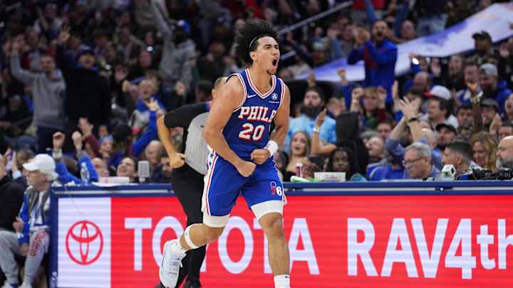 Nov 13, 2024; Philadelphia, Pennsylvania, USA; Philadelphia 76ers guard Jared McCain (20) reacts after scoring against the Cleveland Cavaliers in the fourth quarter at Wells Fargo Center. Mandatory Credit: Kyle Ross-Imagn Images