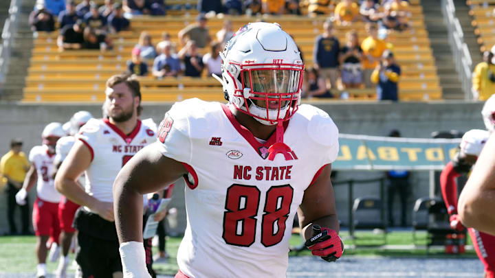 Oct 19, 2024; Berkeley, California, USA; North Carolina State Wolfpack defensive end Isaiah Shirley (88) before the game against the California Golden Bears at California Memorial Stadium. Mandatory Credit: Darren Yamashita-Imagn Images