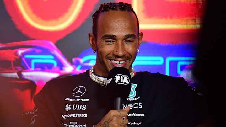 Nov 15, 2023; Las Vegas, Nevada, USA; Mercedes AMG Petronas driver Lewis Hamilton of Great Britain during media availabilities at Las Vegas Strip Circuit. Mandatory Credit: Gary A. Vasquez-USA TODAY Sports Nov 15, 2023; Las Vegas, Nevada, USA; Mercedes AMG Petronas driver Lewis Hamilton of Great Britain during media availabilities at Las Vegas Strip Circuit. Mandatory Credit: Gary A. Vasquez-USA TODAY Sports