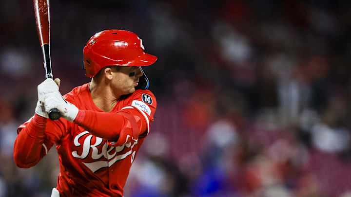 Apr 1, 2025; Cincinnati, Ohio, USA; Cincinnati Reds second baseman Matt McLain (9) at bat in the seventh inning against the Texas Rangers at Great American Ball Park. Mandatory Credit: Katie Stratman-Imagn Images