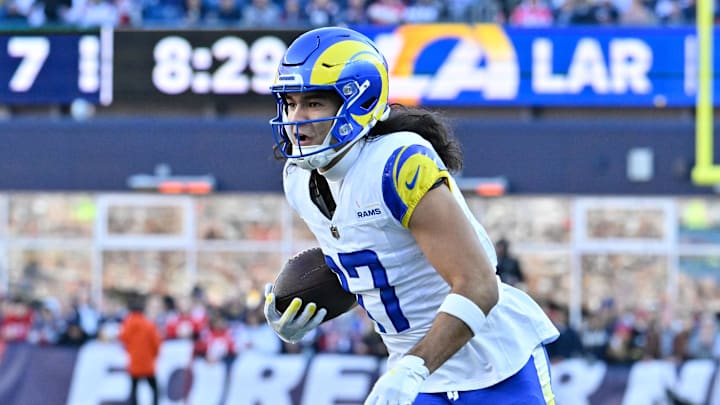 Nov 17, 2024; Foxborough, Massachusetts, USA;  Los Angeles Rams wide receiver Puka Nacua (17) makes a catch during the first half against the New England Patriots at Gillette Stadium. Mandatory Credit: Eric Canha-Imagn Images
