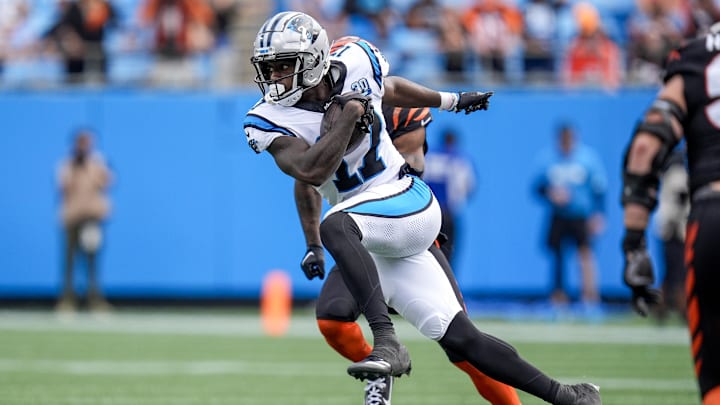 Sep 29, 2024; Charlotte, North Carolina, USA; Carolina Panthers wide receiver Xavier Legette (17) makes a catch against the Cincinnati Bengals during the fourth quarter at Bank of America Stadium. Mandatory Credit: Jim Dedmon-Imagn Images