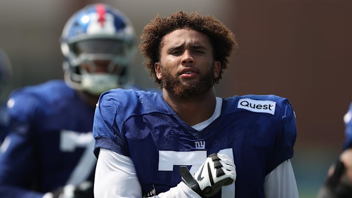 Aug 4, 2025; East Rutherford, NJ, USA; New York Giants guard Marcus Mbow (71) on the field during training camp at Quest Diagnostics Training Center.