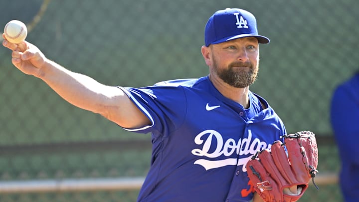 Feb 18, 2025; Glendale, AZ, USA; Los Angeles Dodgers relief pitcher Kirby Yates (38) throws in the bullpen during spring training workouts at Camelback Ranch. Mandatory Credit: Jayne Kamin-Oncea-Imagn Images Feb 18, 2025; Glendale, AZ, USA; Los Angeles Dodgers relief pitcher Kirby Yates (38) throws in the bullpen during spring training workouts at Camelback Ranch. Mandatory Credit: Jayne Kamin-Oncea-Imagn Images