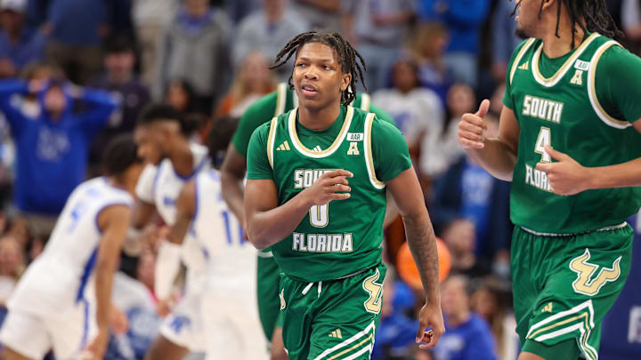Mar 7, 2025; Memphis, Tennessee, USA; South Florida Bulls guard Jayden Reid (0) reacts after a three point basket against the Memphis Tigers during the first half at FedExForum. Mandatory Credit: Wesley Hale-Imagn Images