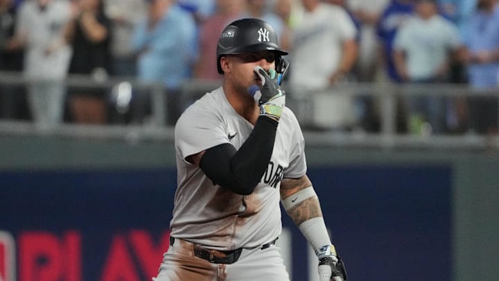 New York Yankees second baseman Gleyber Torres (25) celebrates after a double during the first inning against the Kansas City Royals during game four of the ALDS for the 2024 MLB Playoffs at Kauffman Stadium on Oct 10. New York Yankees second baseman Gleyber Torres (25) celebrates after a double during the first inning against the Kansas City Royals during game four of the ALDS for the 2024 MLB Playoffs at Kauffman Stadium on Oct 10.