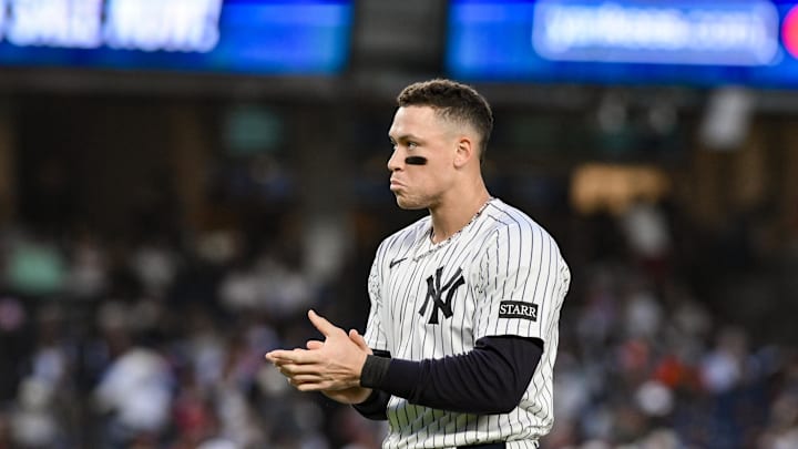 Jun 8, 2025; Bronx, New York, USA; New York Yankees outfielder Aaron Judge (99) reacts after the third inning against the Boston Red Sox at Yankee Stadium. Mandatory Credit: John Jones-Imagn Images