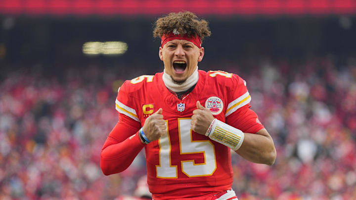 Patrick Mahomes before the Chiefs' divisional-round game against the Texans on Jan. 18, 2025.