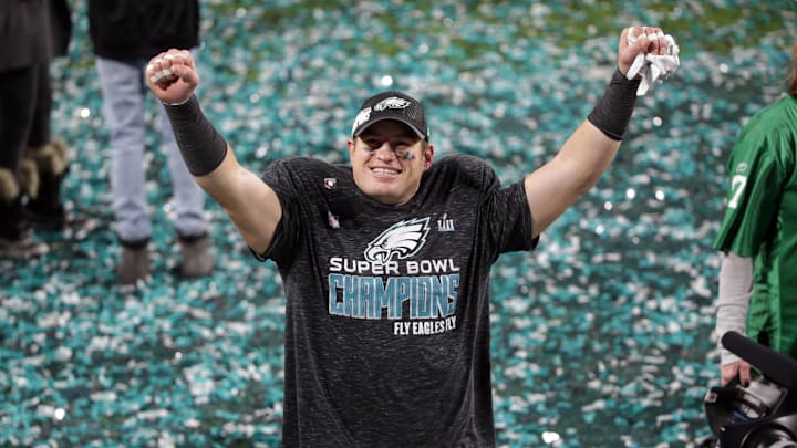 Philadelphia Eagles tight end Brent Celek celebrates after defeating the New England Patriots in Super Bowl LII. Philadelphia Eagles tight end Brent Celek celebrates after defeating the New England Patriots in Super Bowl LII.