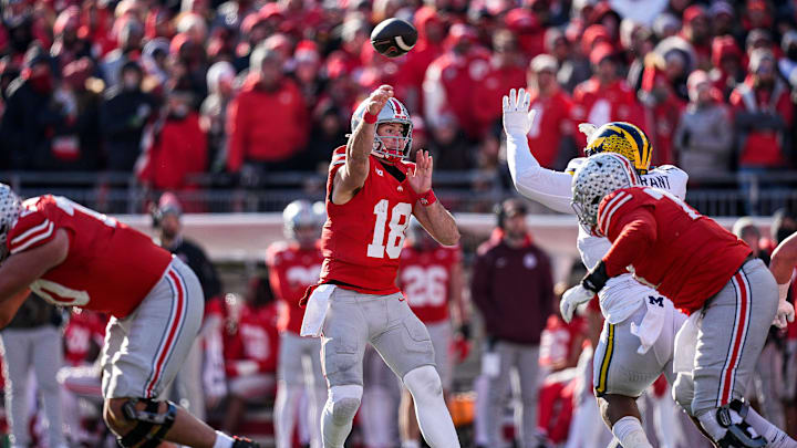 Ohio State quarterback Will Howard (18) makes a pass against Michigan during the second half at Ohio Stadium in Columbus, Ohio on Saturday, Nov. 30, 2024.