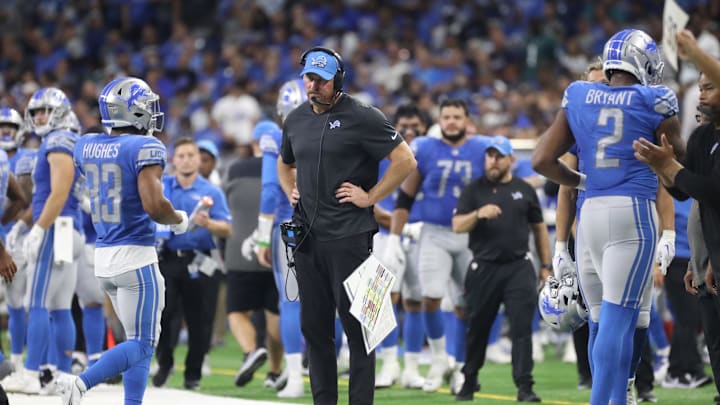 Sep 11, 2022; Detroit, Michigan, USA; Dan Campbell on the sidelines during second half action against the Philadelphia Eagles at Ford Field. Mandatory Credit: Kirthmon F. Dozier-Imagn Images