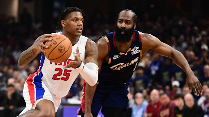 May 15, 2026; Cleveland, Ohio, USA; Detroit Pistons guard Marcus Sasser (25) drives to the basket against Cleveland Cavaliers guard James Harden (1) during the second half in game six of the second round of the 2026 NBA Playoffs at Rocket Arena. Mandatory Credit: Ken Blaze-Imagn Images