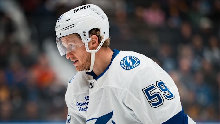 Mar 19, 2026; Vancouver, British Columbia, CAN; Tampa Bay Lightning forward Jake Guentzel (59) during a stop in play against the Vancouver Canucks in the first period at Rogers Arena. Mandatory Credit: Bob Frid-Imagn Images