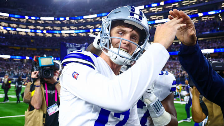 Dallas Cowboys place kicker Brandon Aubrey celebrates a game-winning field goal against the Philadelphia Eagles