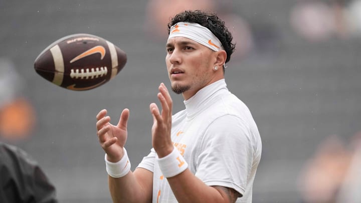 Tennessee quarterback Joey Aguilar (6) warms up before a college football game between Tennessee and ETSU at Neyland Stadium in Knoxville, Tennessee, on September 6, 2025.