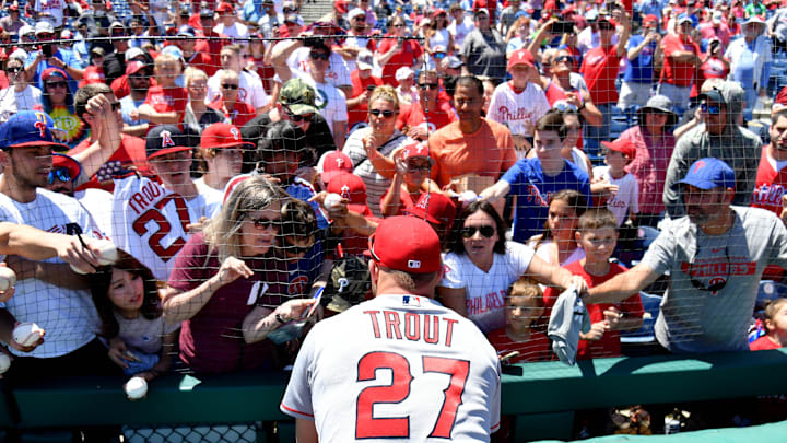Jun 5, 2022; Philadelphia, Pennsylvania, USA; Los Angeles Angels center fielder Mike Trout (27)