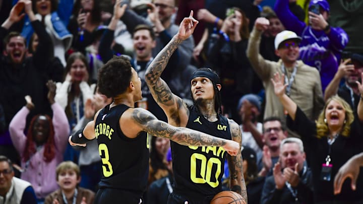 Jan 1, 2024; Salt Lake City, Utah, USA; Utah Jazz guard Jordan Clarkson (00) reacts after recovering