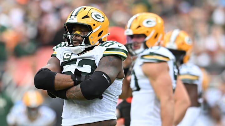 Sep 21, 2025; Cleveland, Ohio, USA; Green Bay Packers defensive end Rashan Gary (52) celebrates after a sack against the Cleveland Browns during the second half at Huntington Bank Field. Mandatory Credit: Ken Blaze-Imagn Images