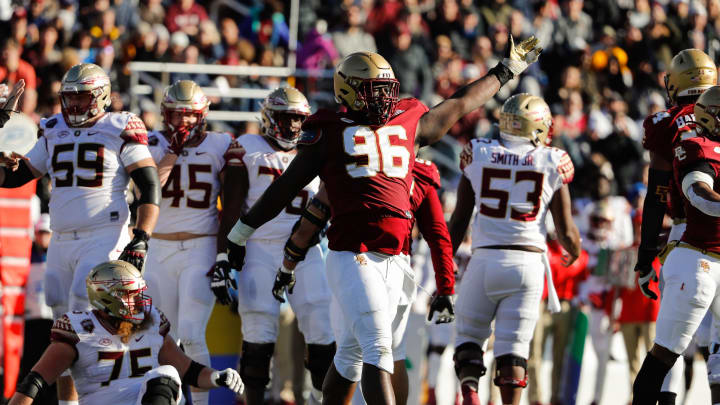 Nov 20, 2021; Chestnut Hill, Massachusetts, USA; Boston College Eagles defensive tackle Cam Horsley (96) against the Florida State Seminoles during the first half at Alumni Stadium. Mandatory Credit: Winslow Townson-USA TODAY Sports Nov 20, 2021; Chestnut Hill, Massachusetts, USA; Boston College Eagles defensive tackle Cam Horsley (96) against the Florida State Seminoles during the first half at Alumni Stadium. Mandatory Credit: Winslow Townson-USA TODAY Sports