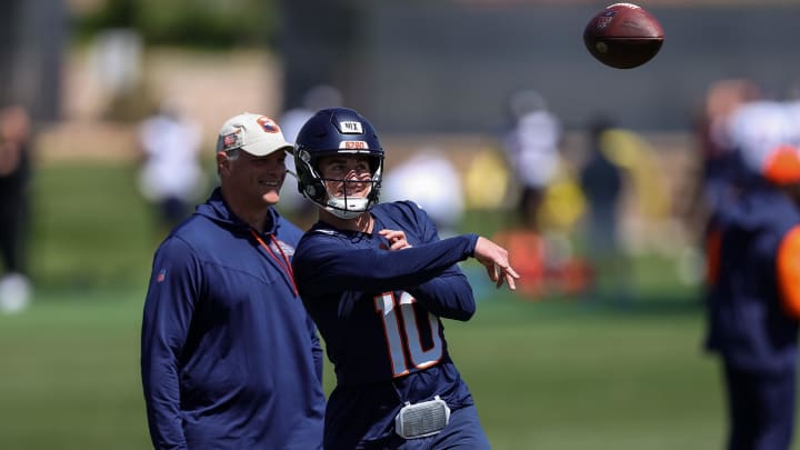 May 23, 2024; Englewood, CO, USA; Denver Broncos quarterback Bo Nix (10) during organized team activities at Centura Health Training Center. Mandatory Credit: Isaiah J. Downing-USA TODAY Sports