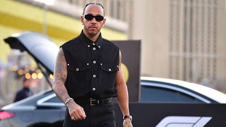 Nov 21, 2024; Las Vegas, Nevada, USA; Mercedes AMG Petronas driver Lewis Hamilton (44) arrives before practice for the Las Vegas Grand Prix at Las Vegas Circuit. Mandatory Credit: Gary A. Vasquez-Imagn Images
