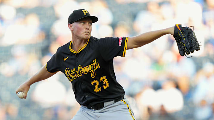 Pittsburgh Pirates starting pitcher Mitch Keller (23) pitches during the first inning against the Kansas City Royals at Kauffman Stadium. 