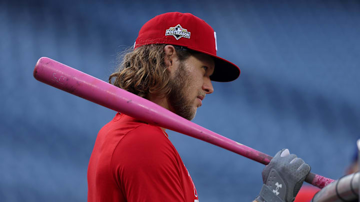 Oct 4, 2025; Philadelphia, Pennsylvania, USA; Philadelphia Phillies third baseman Alec Bohm before game one of the NLDS round of the 2025 MLB playoffs against the Los Angeles Dodgers at Citizens Bank Park. Mandatory Credit: Bill Streicher-Imagn Images