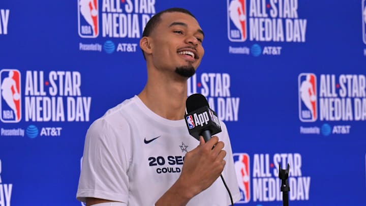 Feb 14, 2026; Los Angeles, CA, USA; Team World center Victor Wembanyama (1) of the San Antonio Spurs during a new conference for the NBA All Star game at Intuit Dome. Mandatory Credit: Jayne Kamin-Oncea-Imagn Images Feb 14, 2026; Los Angeles, CA, USA; Team World center Victor Wembanyama (1) of the San Antonio Spurs during a new conference for the NBA All Star game at Intuit Dome. Mandatory Credit: Jayne Kamin-Oncea-Imagn Images