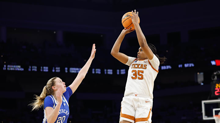 Mar 28, 2026; Fort Worth, TX, USA;  Texas Longhorns forward Madison Booker (35) attempts a basket against Kentucky Wildcats forward Kaelyn Carroll (20) during the second half at Dickies Arena. Mandatory Credit: Chris Jones-Imagn Images