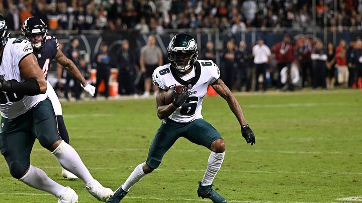 Sep 28, 2026; Chicago, Illinois, USA; Philadelphia Eagles wide receiver DeVonta Smith (6) runs with the ball during the second half against the Chicago Bears at Soldier Field. Sep 28, 2026; Chicago, Illinois, USA; Philadelphia Eagles wide receiver DeVonta Smith (6) runs with the ball during the second half against the Chicago Bears at Soldier Field.