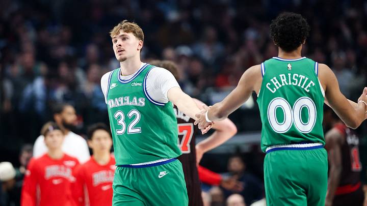 Apr 12, 2026; Dallas, Texas, USA; Dallas Mavericks forward Cooper Flagg (32) celebrates with Dallas Mavericks guard Max Christie (00) Apr 12, 2026; Dallas, Texas, USA; Dallas Mavericks forward Cooper Flagg (32) celebrates with Dallas Mavericks guard Max Christie (00)