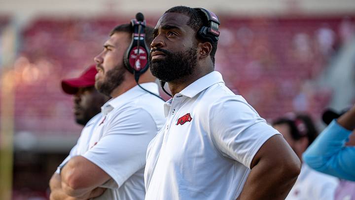 Arkansas Razorbacks defensive backs coach Deron Wilson looks on during the season opener against North Alabama on Saturday, Sept. 5, 2026 at CommunityAmerica Razorback Stadium. Arkansas Razorbacks defensive backs coach Deron Wilson looks on during the season opener against North Alabama on Saturday, Sept. 5, 2026 at CommunityAmerica Razorback Stadium.