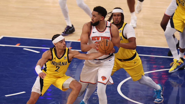 May 29, 2025; New York, New York, USA; Indiana Pacers guard Andrew Nembhard (2) steals the ball against New York Knicks center Karl-Anthony Towns (32) in the third quarter during game five of the eastern conference finals for the 2025 NBA Playoffs at Madison Square Garden. Mandatory Credit: Vincent Carchietta-Imagn Images May 29, 2025; New York, New York, USA; Indiana Pacers guard Andrew Nembhard (2) steals the ball against New York Knicks center Karl-Anthony Towns (32) in the third quarter during game five of the eastern conference finals for the 2025 NBA Playoffs at Madison Square Garden. Mandatory Credit: Vincent Carchietta-Imagn Images