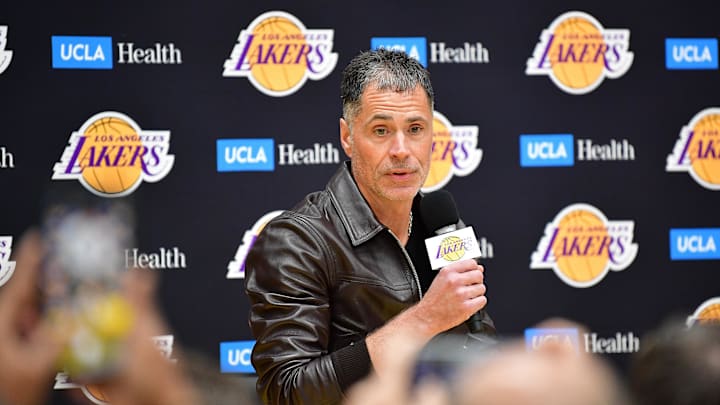 Feb 4, 2025; El Segundo, CA, USA; Los Angeles Lakers vice president of basketball operations and general manager Rob Pelinka speaks before introducing Luka Doncic at UCLA Health Training Center. Mandatory Credit: Gary A. Vasquez-Imagn Images