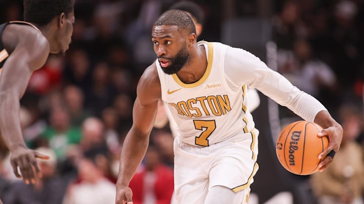 Jan 17, 2026; Atlanta, Georgia, USA; Boston Celtics guard Jaylen Brown (7) dribbles against the Atlanta Hawks in the third quarter at State Farm Arena. Mandatory Credit: Brett Davis-Imagn Images