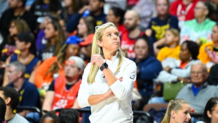 Sep 22, 2024; Uncasville, Connecticut, USA; Indiana Fever head coach Christie Sides during game one of the first round of the 2024 WNBA Playoffs at Mohegan Sun Arena. Mandatory Credit: Mark Smith-Imagn Images