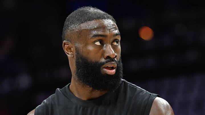 Apr 26, 2026; Philadelphia, Pennsylvania, USA; Boston Celtics guard Jaylen Brown (7) during warmups against the Philadelphia 76ers at Xfinity Mobile Arena. Mandatory Credit: Eric Hartline-Imagn Images