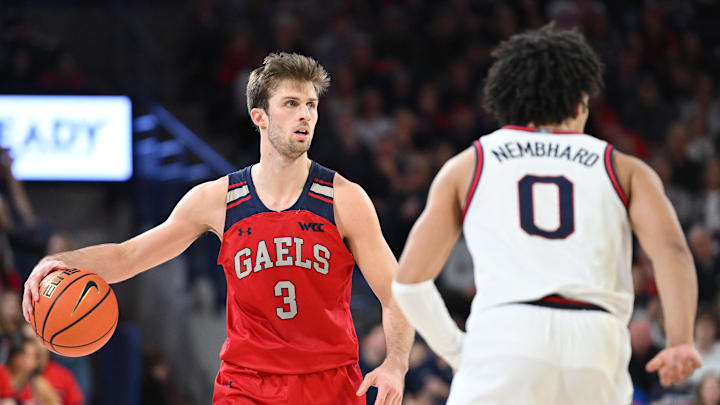 Feb 3, 2024; Spokane, Washington, USA; St. Mary's Gaels guard Augustas Marciulionis (3) controls the