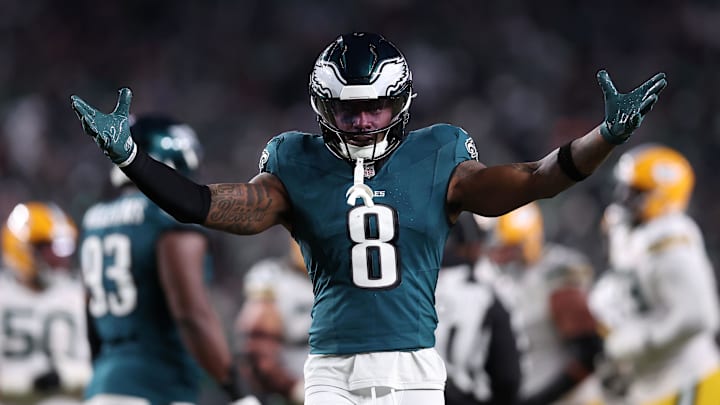 Jan 12, 2025; Philadelphia, Pennsylvania, USA; Philadelphia Eagles safety C.J. Gardner-Johnson (8) reacts against the Green Bay Packers during the first half in an NFC wild card game at Lincoln Financial Field. Mandatory Credit: Bill Streicher-Imagn Images