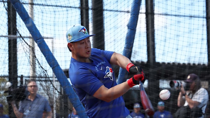 Feb 16, 2026; Dunedin, FL, USA; Toronto Blue Jays infielder Kazuma Okamoto (7) works out during spring training practice at Player Development Complex. Mandatory Credit: Kim Klement Neitzel-Imagn Images