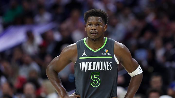 Apr 3, 2026; Philadelphia, Pennsylvania, USA; Minnesota Timberwolves guard Anthony Edwards (5) looks on during the first quarter against the Philadelphia 76ers at Xfinity Mobile Arena. Mandatory Credit: Bill Streicher-Imagn Images