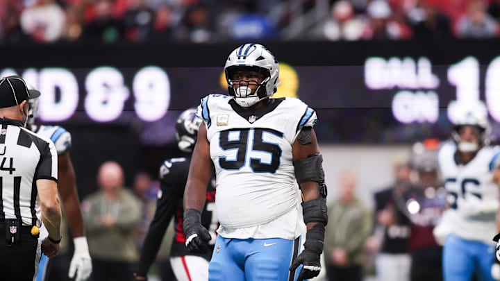 Nov 16, 2025; Atlanta, Georgia, USA; Carolina Panthers defensive tackle Derrick Brown (95) looks on in the third quarter against the Atlanta Falcons at Mercedes-Benz Stadium. Mandatory Credit: Brett Davis-Imagn Images