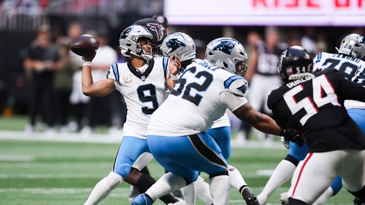 Carolina Panthers quarterback Bryce Young (9) prepares to throw in the third quarter against the Atlanta Falcons 