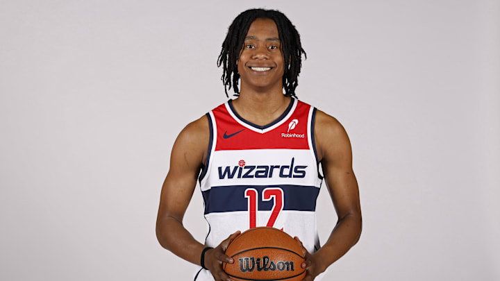 Sep 29, 2025; Washington, DC, USA; Washington Wizards guard Tre Johnson (12) poses for a portrait during Wizards Media Day at CareFirst Arena.  Mandatory Credit: Geoff Burke-Imagn Images